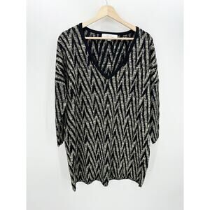 Callahan Black Gold Chevron‎ Print Knit V Neck Sweater Dress Viscose Size Medium